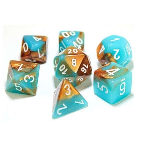 CHESSEX 7 DIE POLYHEDRAL DICE SET: LAB DICE GEMINI COPPER-TURQUOISE WITH WHITE