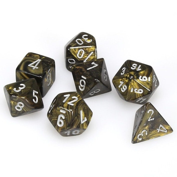 CHESSEX 7 DIE POLYHEDRAL DICE SET: LEAF BLACK GOLD WITH SILVER