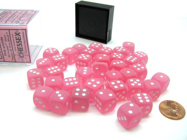 CHESSEX 12mm D6 DICE BLOCK (36 DICE) FROSTED PINK WITH WHITE