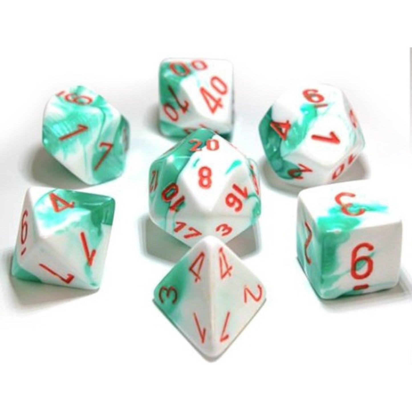 CHESSEX 7 DIE POLYHEDRAL DICE SET: LAB DICE GEMINI MINT GREEN-WHITE WITH ORANGE