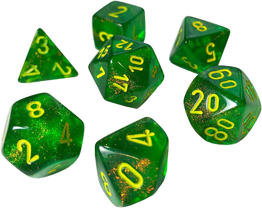 CHESSEX 7 DIE POLYHEDRAL DICE SET: BOREALIS MAPLE GREEN WITH YELLOW