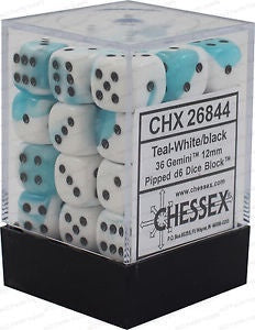 CHESSEX 12mm D6 DICE BLOCK (36 DICE) GEMINI TEAL/WHITE WITH BLACK