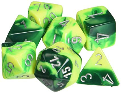 CHESSEX 7 DIE POLYHEDRAL DICE SET: GEMINI GREEN YELLOW WITH SILVER