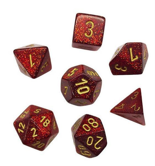 CHESSEX 7 DIE POLYHEDRAL DICE SET: GLITTER RUBY RED WITH GOLD