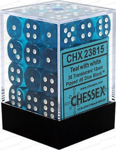 CHESSEX 12mm D6 DICE BLOCK (36 DICE) TRANSLUCENT TEAL WITH WHITE
