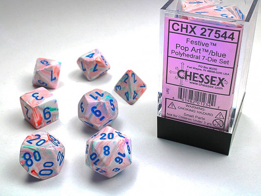 CHESSEX 7 DIE POLYHEDRAL DICE SET: FESTIVE POP ART WITH BLUE