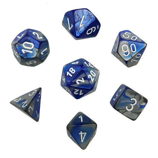CHESSEX 7 DIE POLYHEDRAL DICE SET: GEMINI BLUE STEEL WITH WHITE