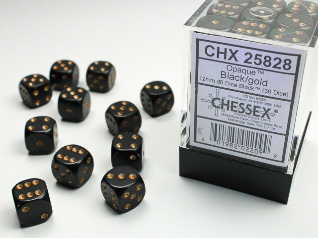 CHESSEX 12mm D6 DICE BLOCK (36 DICE) OPAQUE BLACK WITH GOLD