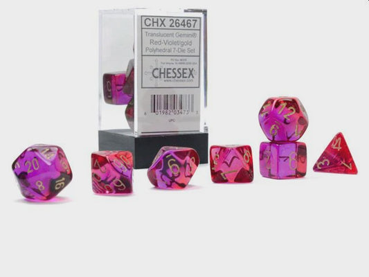 CHESSEX 7 DIE POLYHEDRAL DICE SET: GEMINI TRANSLUCENT RED/VIOLET WITH GOLD