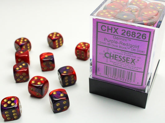 CHESSEX 12mm D6 DICE BLOCK (36 DICE) GEMINI PURPLE-RED  WITH GOLD