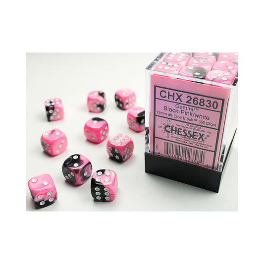 CHESSEX 12mm D6 DICE BLOCK (36 DICE) GEMINI BLACK/PINK WITH WHITE