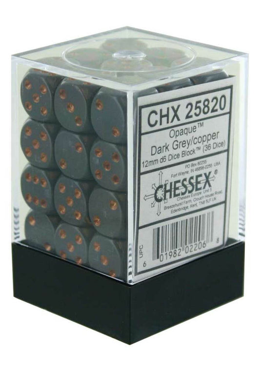 CHESSEX 12mm D6 DICE BLOCK (36 DICE) OPAQUE DARK GREY WITH COPPER