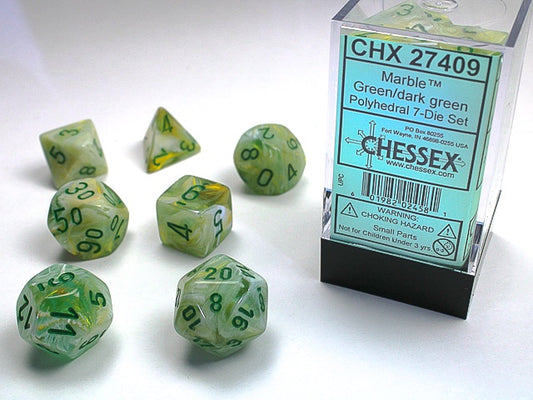 CHESSEX 7 DIE POLYHEDRAL DICE SET: MARBLE GREEN WITH DARK GREEN