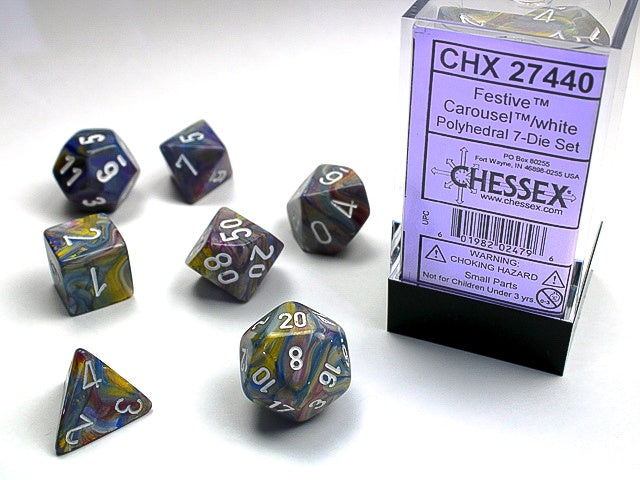 CHESSEX 7 DIE POLYHEDRAL DICE SET: FESTIVE CAROUSEL WITH WHITE