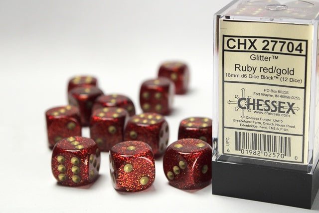 CHESSEX 16mm D6 DICE BLOCK (12 DICE) - GLITTER RUBY RED/GOLD
