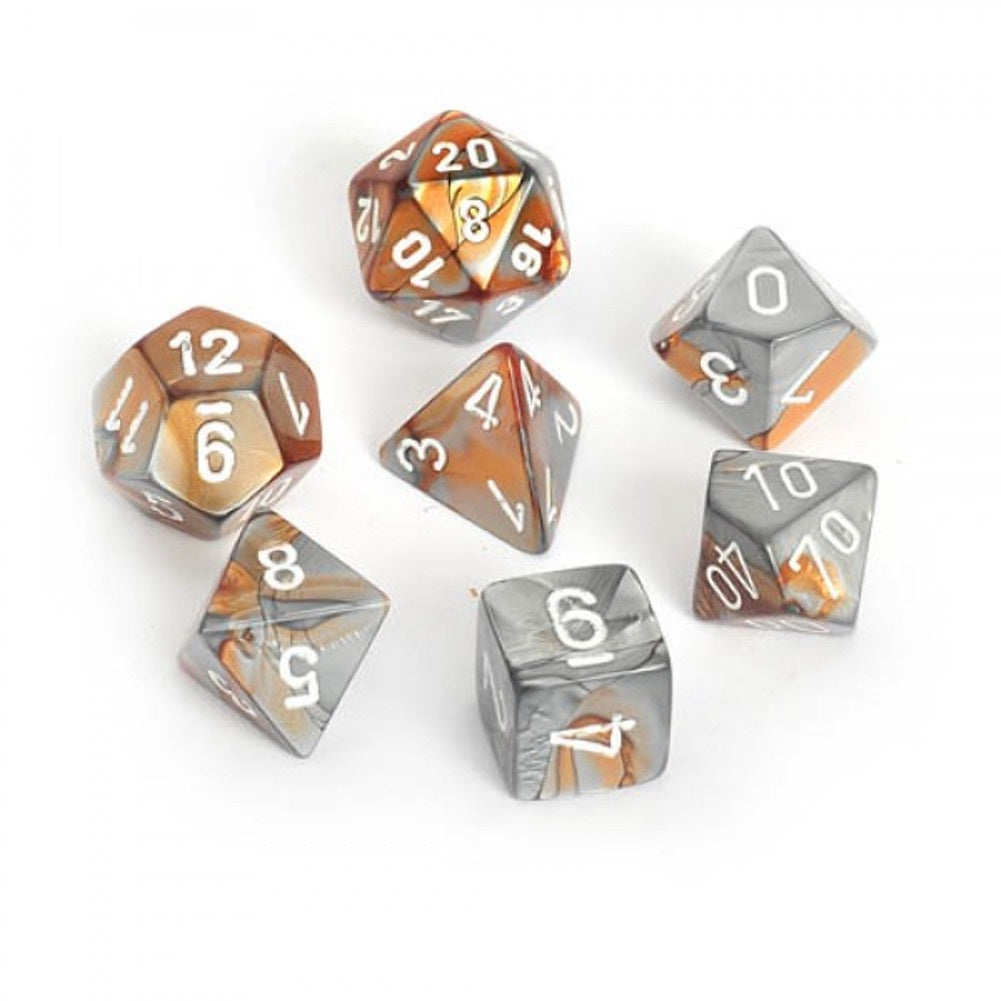 CHESSEX 7 DIE POLYHEDRAL DICE SET: GEMINI COPPER STEEL WITH WHITE