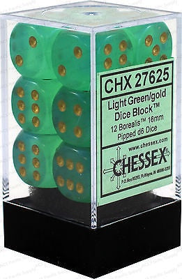 CHESSEX 16mm D6 DICE BLOCK (12 DICE) BOREALIS LIGHT GREEN/GOLD