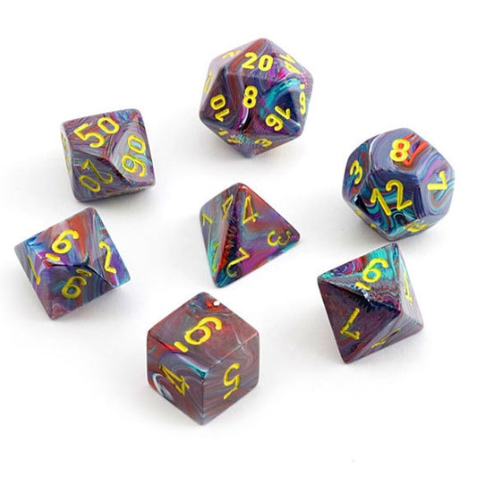 CHESSEX 7 DIE POLYHEDRAL DICE SET: FESTIVE MOSAIC WITH YELLOW