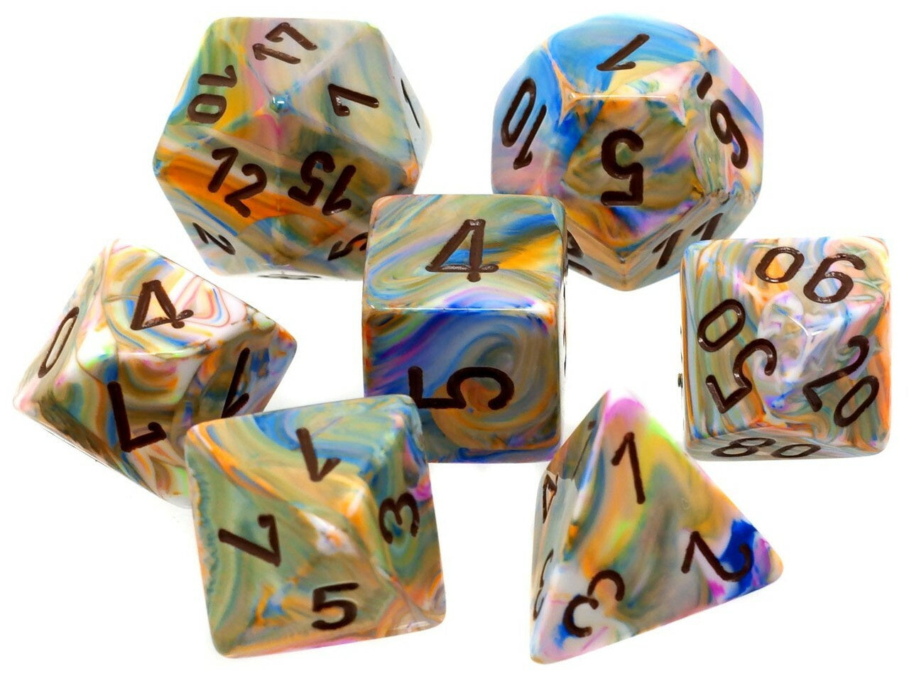 CHESSEX 7 DIE POLYHEDRAL DICE SET: FESTIVE VIBRANT WITH BROWN