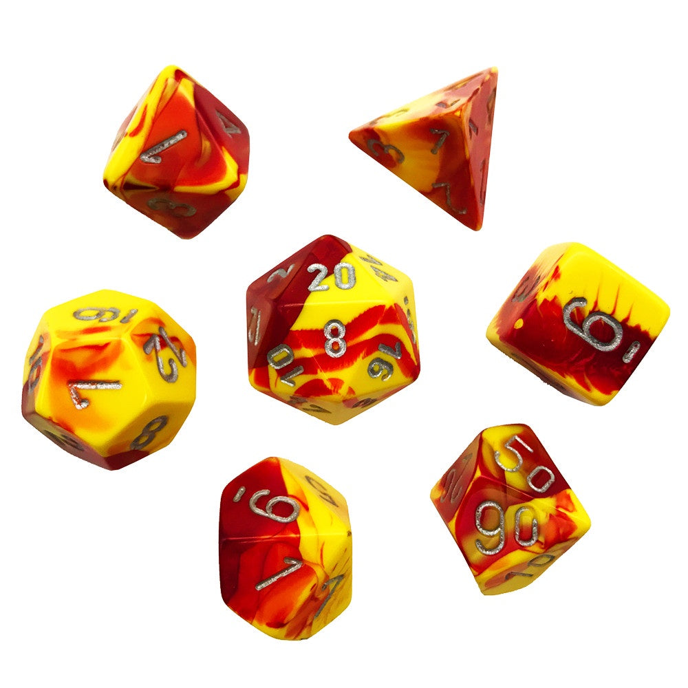 CHESSEX 7 DIE POLYHEDRAL DICE SET: GEMINI RED YELLOW WITH SILVER
