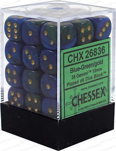 CHESSEX 12mm D6 DICE BLOCK (36 DICE) GEMINI BLUE/GREEN WITH GOLD