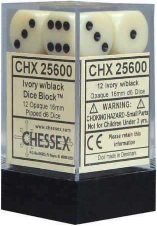 CHESSEX 16mm D6 DICE BLOCK (12 DICE) IVORY/BLACK
