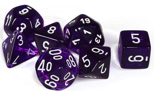 CHESSEX 7 DIE POLYHEDRAL DICE SET: TRANSLUCENT PURPLE WITH WHITE