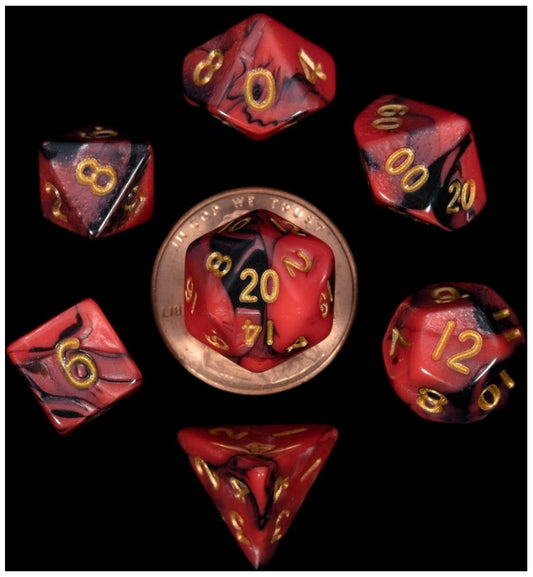 MDG MINI POLYHEDRAL DICE SET - RED/BLACK WITH GOLD