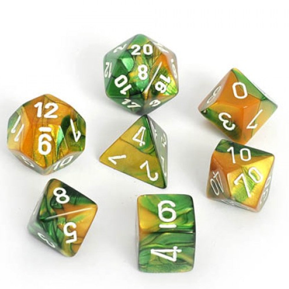 CHESSEX 7 DIE POLYHEDRAL DICE SET: GEMINI GOLD GREEN/WHITE