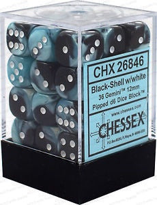 CHESSEX 12mm D6 DICE BLOCK (36 DICE) GEMINI BLACK/SHELL WITH WHITE