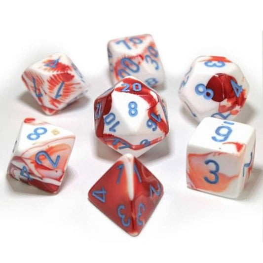 CHESSEX 7 DIE POLYHEDRAL DICE SET: LAB DICE GEMINI RED-WHITE WITH BLUE