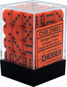 CHESSEX 12mm D6 DICE BLOCK (36 DICE) OPAQUE ORANGE WITH BLACK