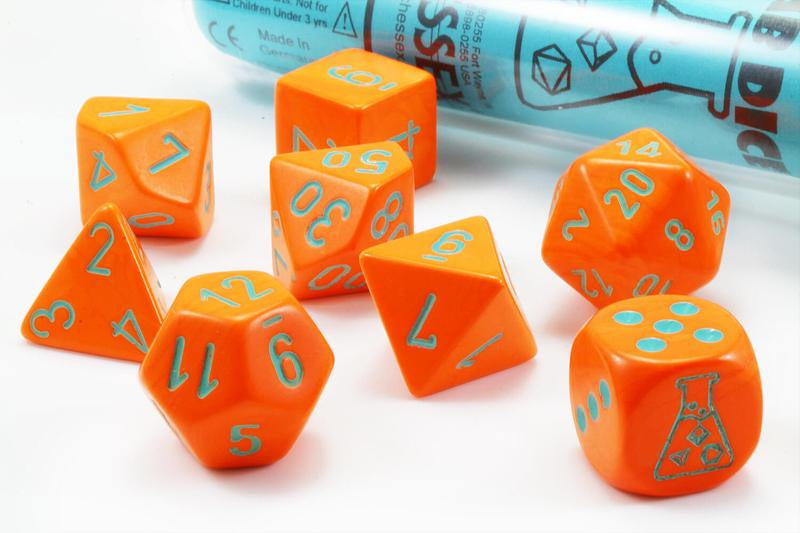 CHESSEX 7 DIE POLYHEDRAL DICE SET: LAB DICE HEAVY ORANGE WITH TURQUOISE