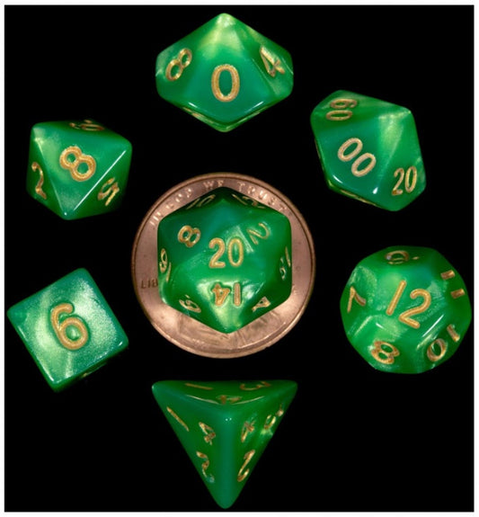 MDG MINI POLYHEDRAL DICE SET - GREEN WITH GOLD