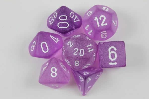 CHESSEX 7 DIE POLYHEDRAL DICE SET: FROSTED PURPLE WITH WHITE