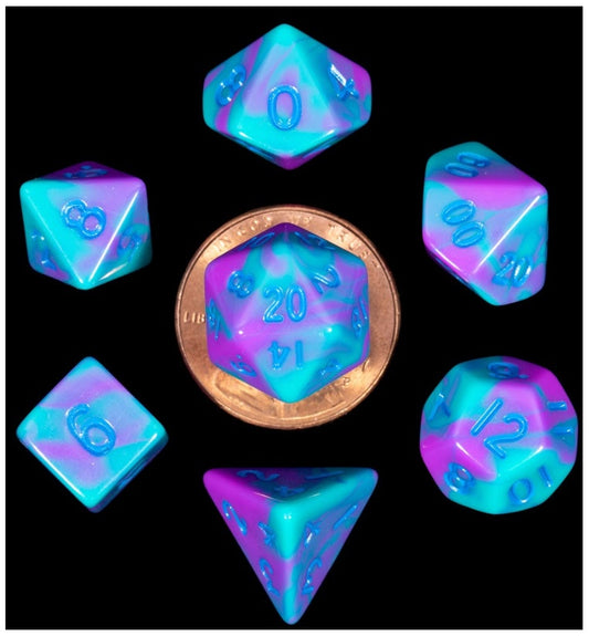 MDG MINI POLYHEDRAL DICE SET - PURPLE/TEAL WITH BLUE