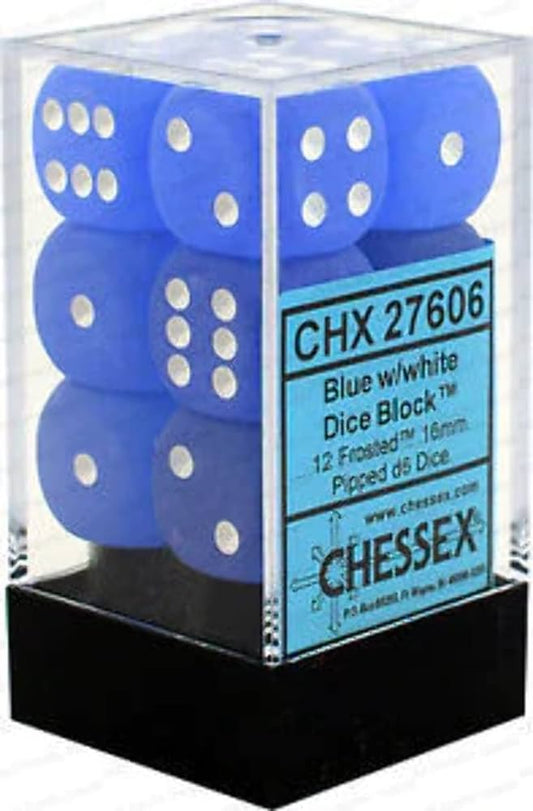 CHESSEX 16mm D6 DICE BLOCK (12 DICE) FROSTED BLUE WITH WHITE