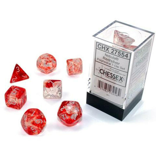 CHESSEX 7 DIE POLYHEDRAL DICE SET: NEBULA RED WITH SILVER