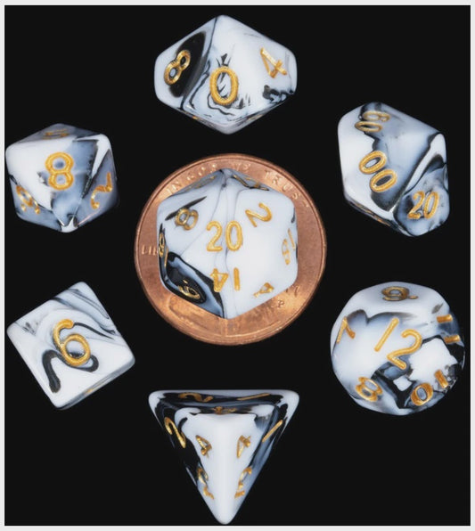 MDG MINI POLYHEDRAL DICE SET - MARBLE WITH GOLD