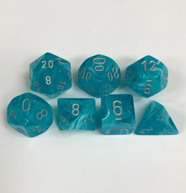 CHESSEX 7 DIE POLYHEDRAL DICE SET: CIRRUS AQUA WITH SILVER
