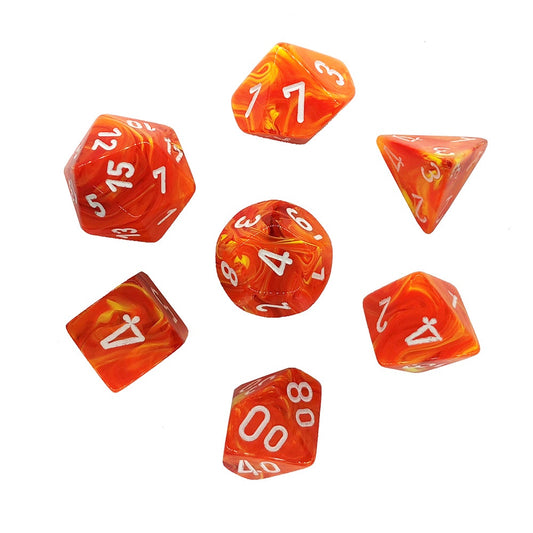 CHESSEX 7 DIE POLYHEDRAL DICE SET: VORTEX SOLAR ORANGE WITH WHITE