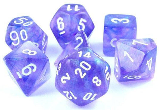 CHESSEX 7 DIE POLYHEDRAL DICE SET: BOREALIS PURPLE WITH WHITE