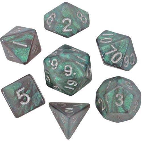 MDG RESIN 7 DIE POLYHEDRAL DICE SET STARDUST GREY WITH SILVER