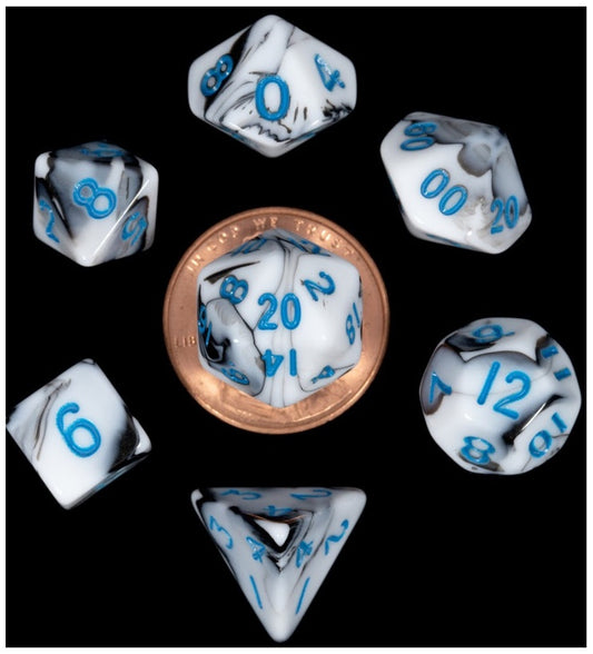 MDG MINI POLYHEDRAL DICE SET - MARBLE WITH BLUE