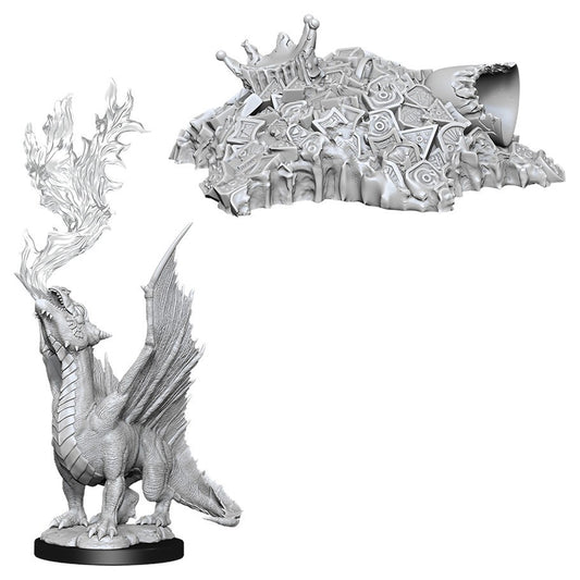 DUNGEONS & DRAGONS NOLZUR'S MARVELOUS UNPAINTED MINI: GOLD DRAGON WYRMLING AND SMALL TREASURE PILE