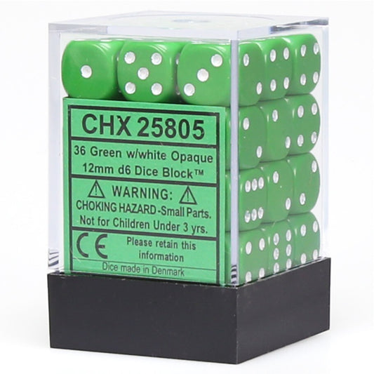 CHESSEX 12mm D6 DICE BLOCK (36 DICE) OPAQUE GREEN WITH WHITE