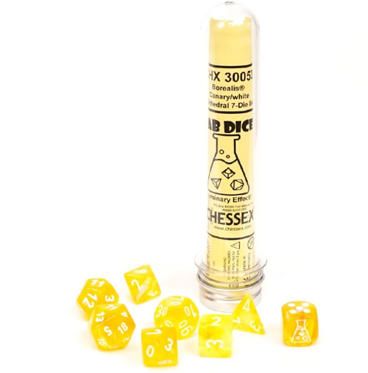 CHESSEX 7 DIE POLYHEDRAL DICE SET:  LAB DICE Borealis Canary/White