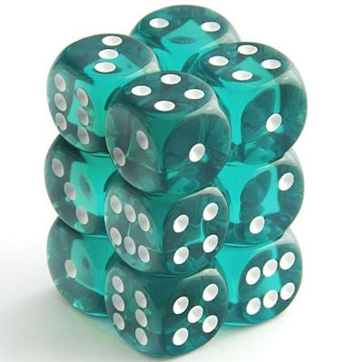 CHESSEX 16mm D6 DICE BLOCK (12 DICE) TRANSLUCENT TEAL WITH WHITE