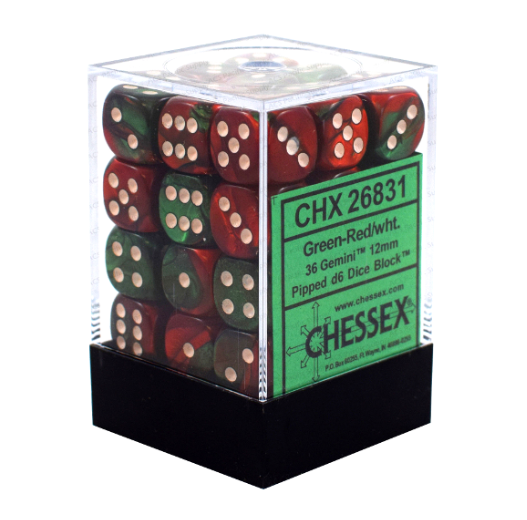 CHESSEX 12mm D6 DICE BLOCK (36 DICE) GEMINI GREEN/RED WITH WHITE