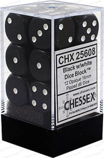 CHESSEX 16mm D6 DICE BLOCK (12 DICE) BLACK/WHITE